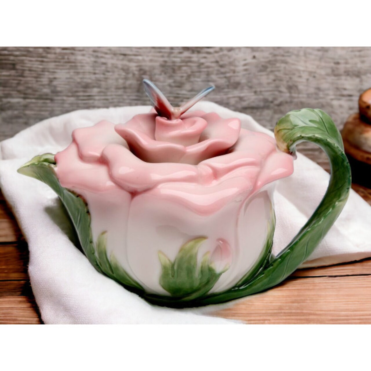 Ceramic Victorian Pink Rose Teapot with Butterfly,Ceramic Tea Kettle for Tea